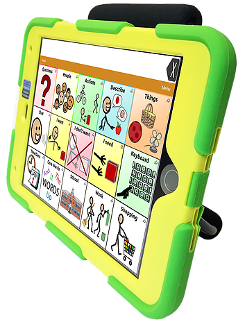 8" tablet in protective casing with 3x5 grid system of symbols.