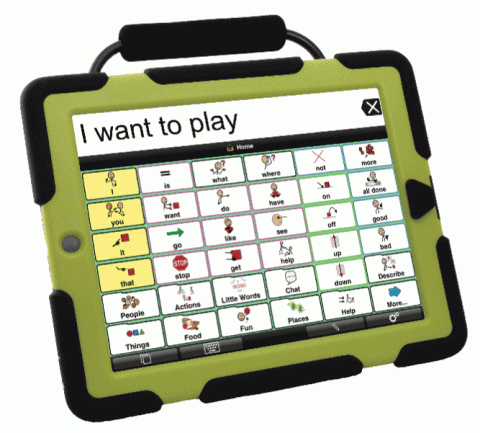 13" tablet in protective case and handle displaying a 6x6 grid symbol menu on its screen.