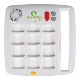 White-colored device with 12 empty message slots below a small, round speaker and a control button panel. Device has built-in side handle on right side.