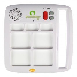 White-colored device with 7 empty message slots below a small, round speaker and a control button panel. Device has built-in side handle on right side.