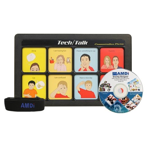 Black rectangular device with 2 rows of four message buttons and software DVD.