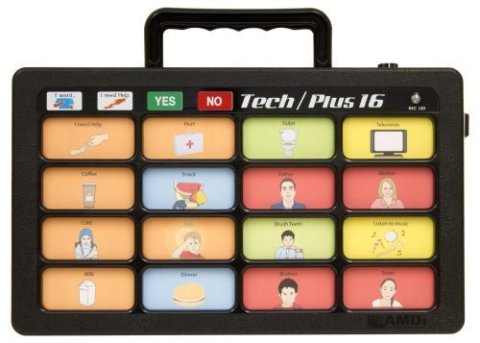16 cells featured on a case with a carrying handle; each cell includes illustrations of people and objects with various text above them, such as "hurt" and "snack."