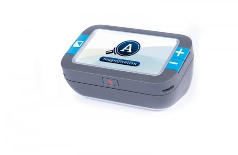 Rounded rectangular device that is grey in color, with a color LCD screen and menu buttons on either side of the screen.