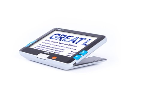 Thin, rectangular device resembling a tablet, with two menu buttons on either side of the screen. The device is white with teal buttons.