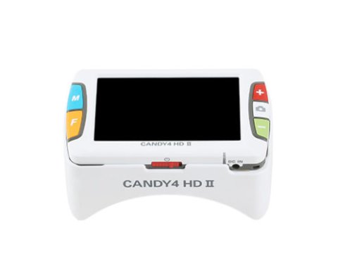 Small handheld device with an LCD screen and four brightly-colored menu buttons on either side.
