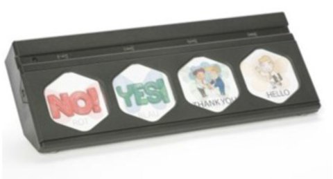 A long, rectangular device with four four plastic inserts, each with a communication option on it.