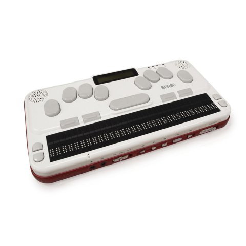 A white, rectangular device with light grey keys and black Braille cells.