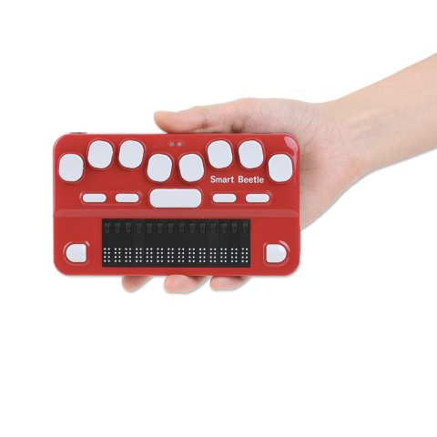 Front view of buttons and braille display; device fits in hand.