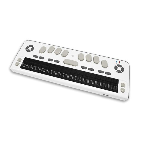 A rectangular device with a braille keyboard on top of front face and braille display on bottom of front face.
