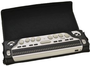A rectangular device with a braille keyboard on top of front face and braille display on bottom of front face with black cover.