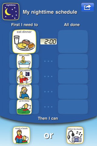 Choice Works nighttime schedule screen with the nighttime board in the upper left corner. It has three columns, two with the heading: "First I need to", followed by a time and the other heading: "All done". Colorful Picture icons fill the first column. At the bottom of the page is written: "Then I can"