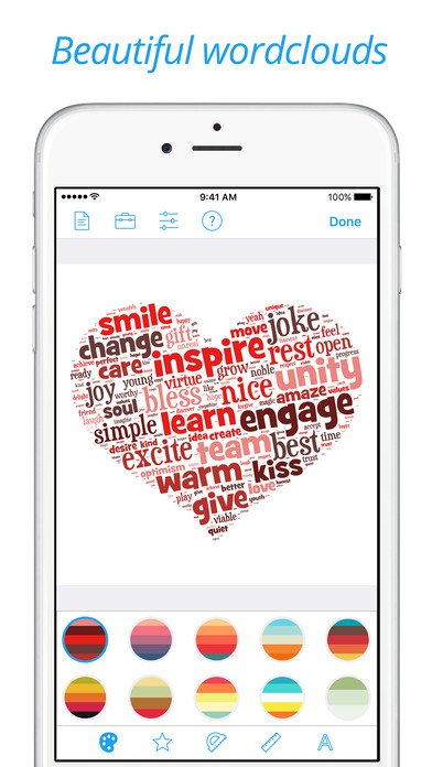 shape Go mobile interface with a heart shape on the screen filled with words that are mostly of a reddish hue; color options are shown on the bottom of the screen.