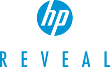HP Reveal logo showing the lower case "hp" as white letters in a blue circle with the word reveal written in caps under it.