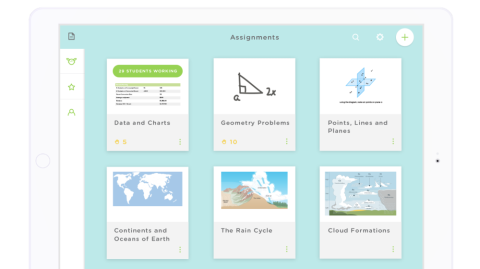 Classkick assignments menu in a 3x2 grid of subject topics.