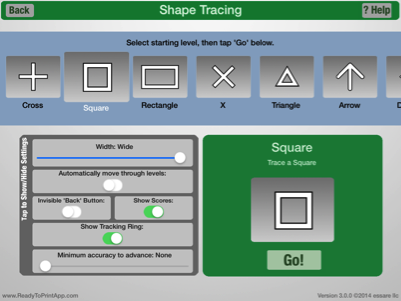 Ready to Print Shape tracing menu with several options to trace, like a square, rectangle, large plus sign, arrow up, etc. and with settings to apply to the shape, like a slide bar for width or on/off for automatically proceed through all levels.