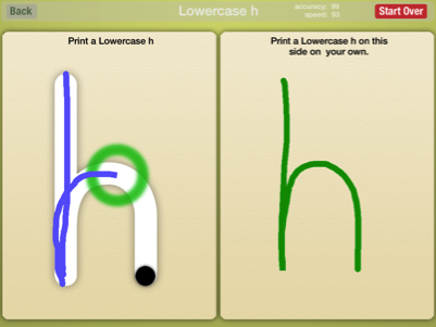 Ready to print tracing letter screen featuring a lower case h written with a wide white font on the left page. It also shows the blue tracing over it in progress and a thick green cursor position. On the right is a green lower case h that has been drawn.
