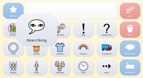 Grid 3 symbol communication screenshot with icon buttons for the various categories of options. 