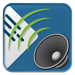 Square with blue background and image of speaker in bottom right corner and green soundwaves and white triangular image on left side.