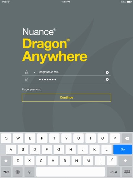 Dragon Anywhere login screen.