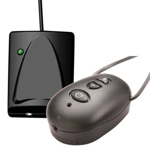 Transmitter and front view of receiver neck loop with control buttons.