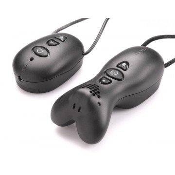 A black transmitter with neckloop and controls next to a black receiver with neckloop and controls.
