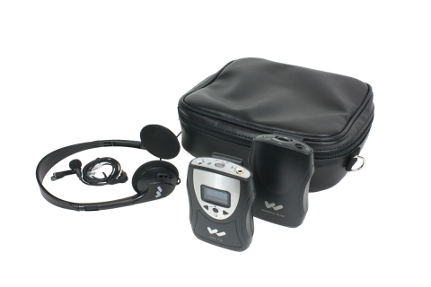 A receiver, transmitter, headphone, microphone and carry case.