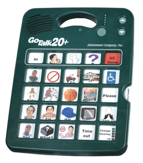 A tablet device with a handle and 25 button slots with images.