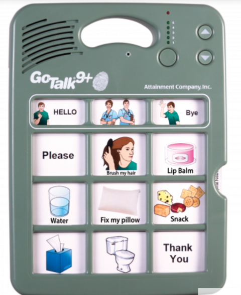 A tablet device with a handle and12 cells containing images.