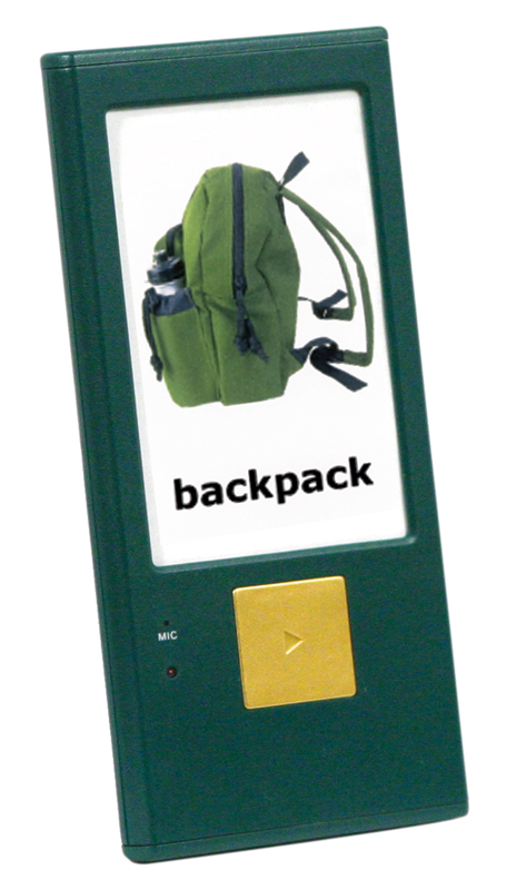 A small, rectangular, handheld device with a large picture display and a single play button.