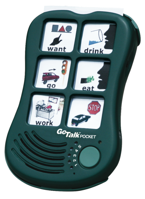 A rectangular device with a 6-cell 3x2 AAC board, speaker, and button.