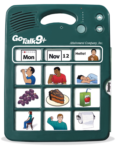 A handheld device the size of a tablet with power and volume buttons at top right and 12 cells containing images.