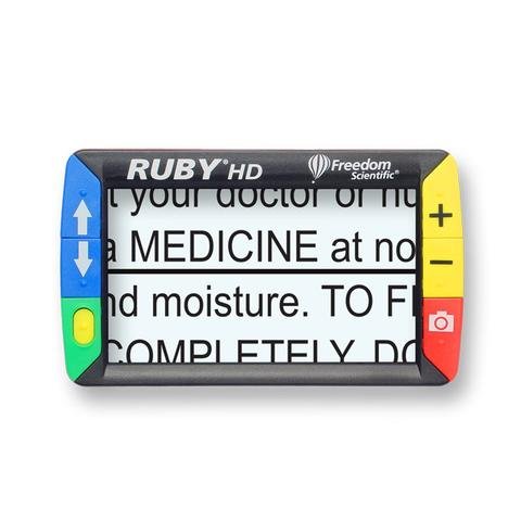 Rectangular handheld device with two colored buttons on either side and center display showing enlarged text.