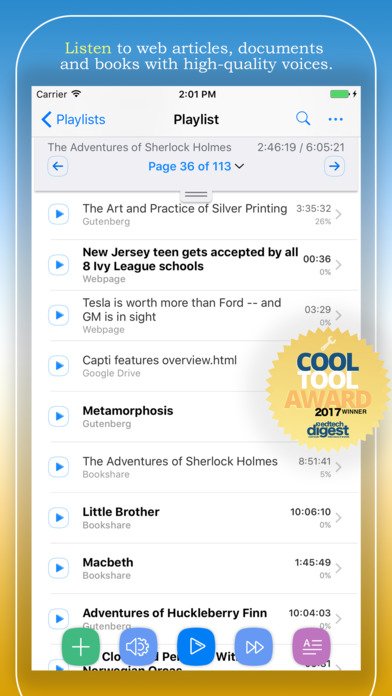 An iPhone with a Playlist of Book titles. The first title is highlighted and is followed by a timer spent/time remaining counter. Written under the title is "Page 6 of 113", followed by a drop-down arrow and with a back arrow and forward arrow on either side.  The bottom of the phone has different colored control icons, such as add, speaker, play, and fast forward.