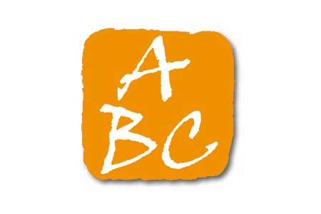 Square orange logo with scripted ABC written in a pyramid shape in the middle.