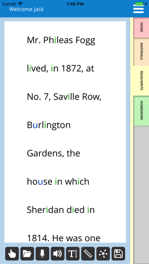 Text from a story magnified on the screen with home, materials, read/write, and homework to the right.