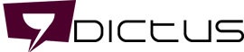 Dictus logo showing a stylized speech bubble on a dark purple background followed by the company name.