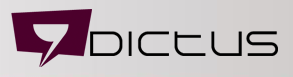 Dictus logo showing a stylized speech bubble on a dark purple background followed by the company name.