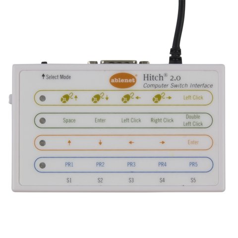 Small, rectangular, wired device with a diagram explaining use and ports on its side.