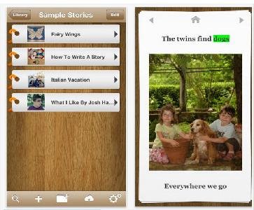 Story library menu titled "Sample Stories" featured next to a photo of children with a dog. Menu options include: Fairy Wings, How to Write a Story, Italian Vacation, and What I Like By Josh.