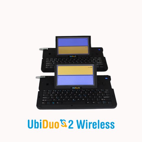 A small, black keyboard device with an LCD screen attached at the top. The LCD screen is split, with a yellow half on top and a purple background at the bottom.