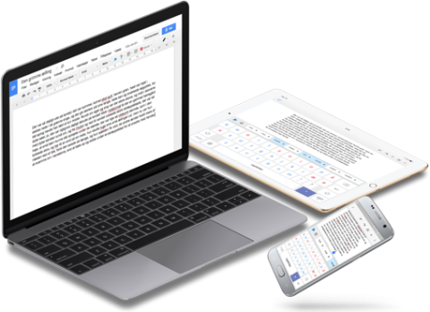 AppWriter on a laptop, tablet, and smartphone featuring text typed on each screen.