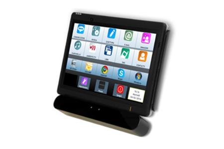 Tablet with three rows of five application icons on top of a line of text on the screen.  A fourth, bottom row has three icons and a single text box.