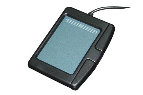Arial view of a black touchpad and display connected to a wire.