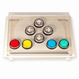 Top View of a square device showing 4 color covers in red, yellow, blue, and green, and 4 clear covers.