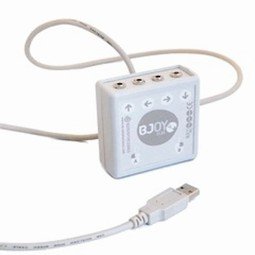 White usb connector and four switch imports on a white rectangular device.