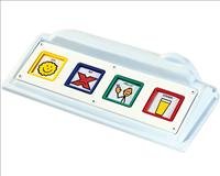 Rectangular device with four squares that depict different symbols and illustrations.