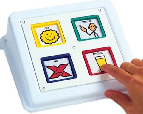 Rectangular device with four squares that depict different symbols and illustrations.