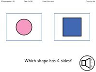 Screenshot of activity with two icons containing different shapes. Below, the words "Which shape has 4 sides?" and a speaker icon.