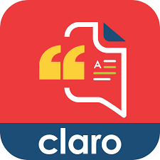Rounded red square showing a stylized image of notebook paper and large quotes marks, and a blue stripe on the bottom with the lowercase word claro inside it.
