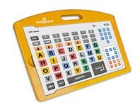 Large, yellow rectangular keyboard with a custom layout and a handle on the top.